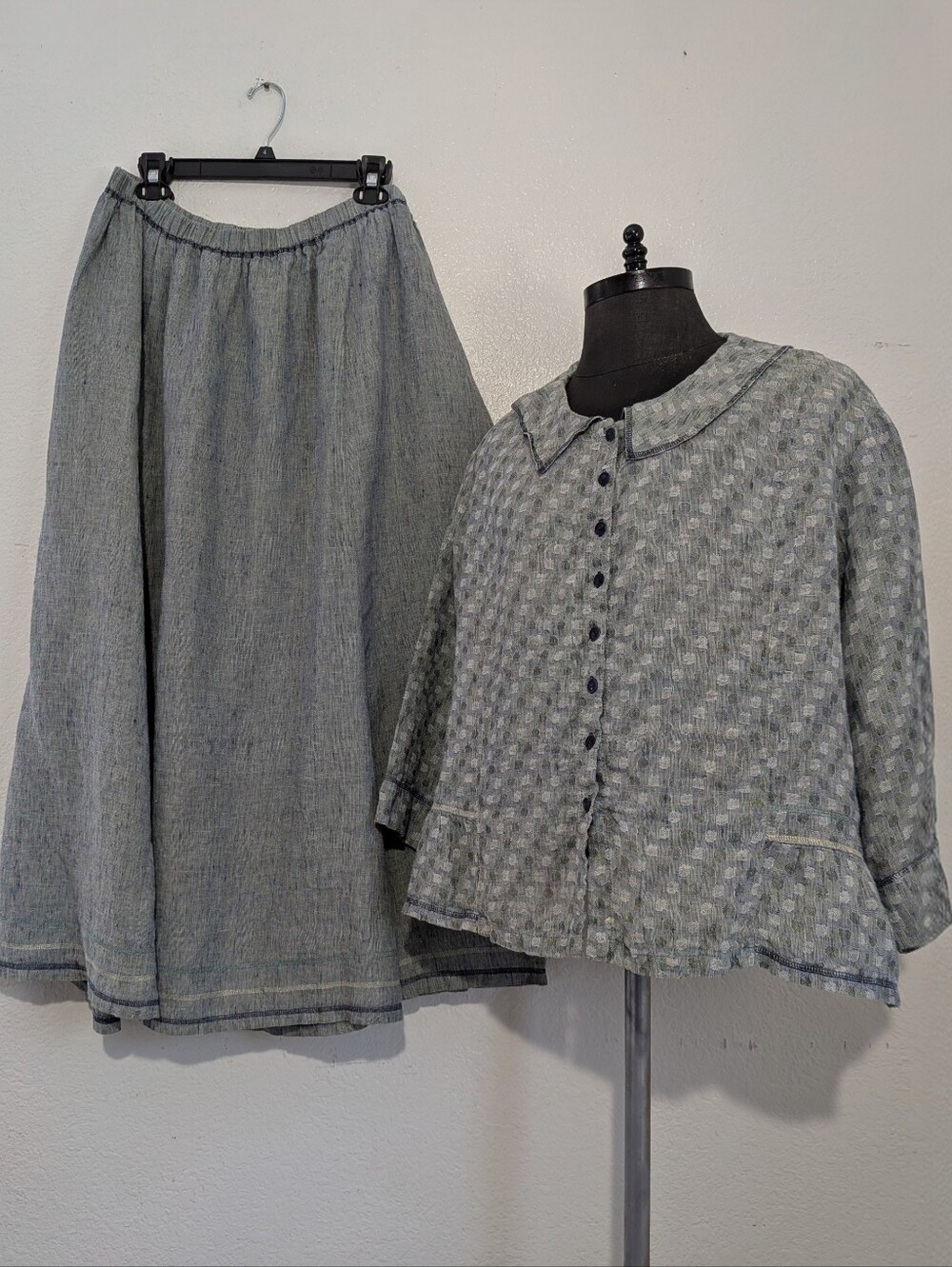 Flax 2 Piece Skirt Set Light Gray Blue Button-Front Shirt Top 1G Skirt 3G